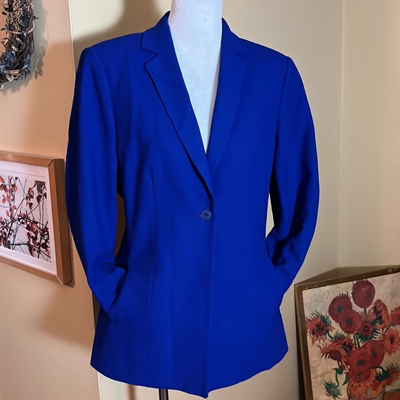 VINTAGE KASPER and CO Size 10 Longline Blazer 1-Button WOOL Vivid BlueV-neck - Picture 11 of 11